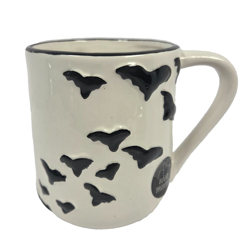 Cobwebs & Cauldrons Bat Mug 16 Oz Halloween Ceramic Coffee Cup Cream Black